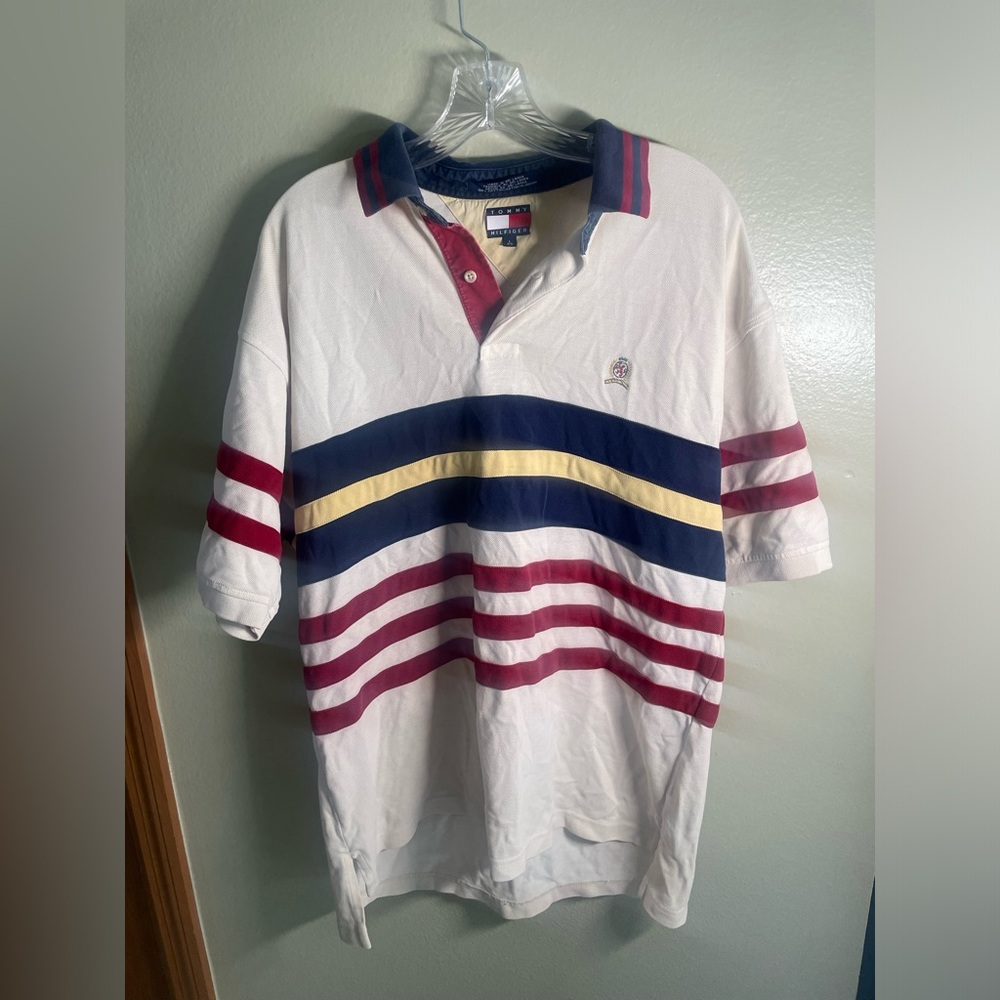 Tommy Hilfiger Rugby Polo Shirt Red Blue Yellow Beige Striped Men’s Size Large